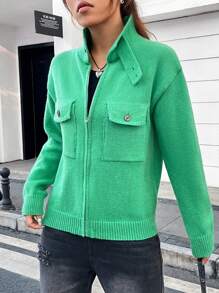 SHEIN Essnce Flap Pocket Drop Shoulder Zip Up Cardigan - Green - View 6