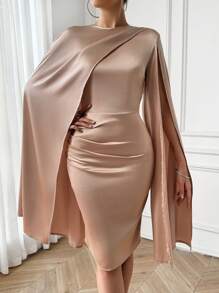SHEIN Lady Solid Cloak Sleeve Satin Bodycon Dress