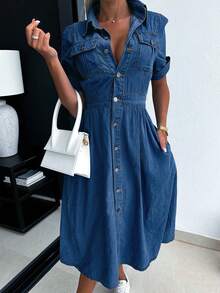 Túi có nắp Tay áo cuộn Đầm Denim - Rửa tối - Xem 4