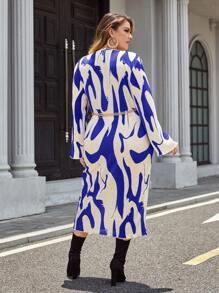 SHEIN Privé Plus Allover Print Lantern Sleeve Dress Without Belt