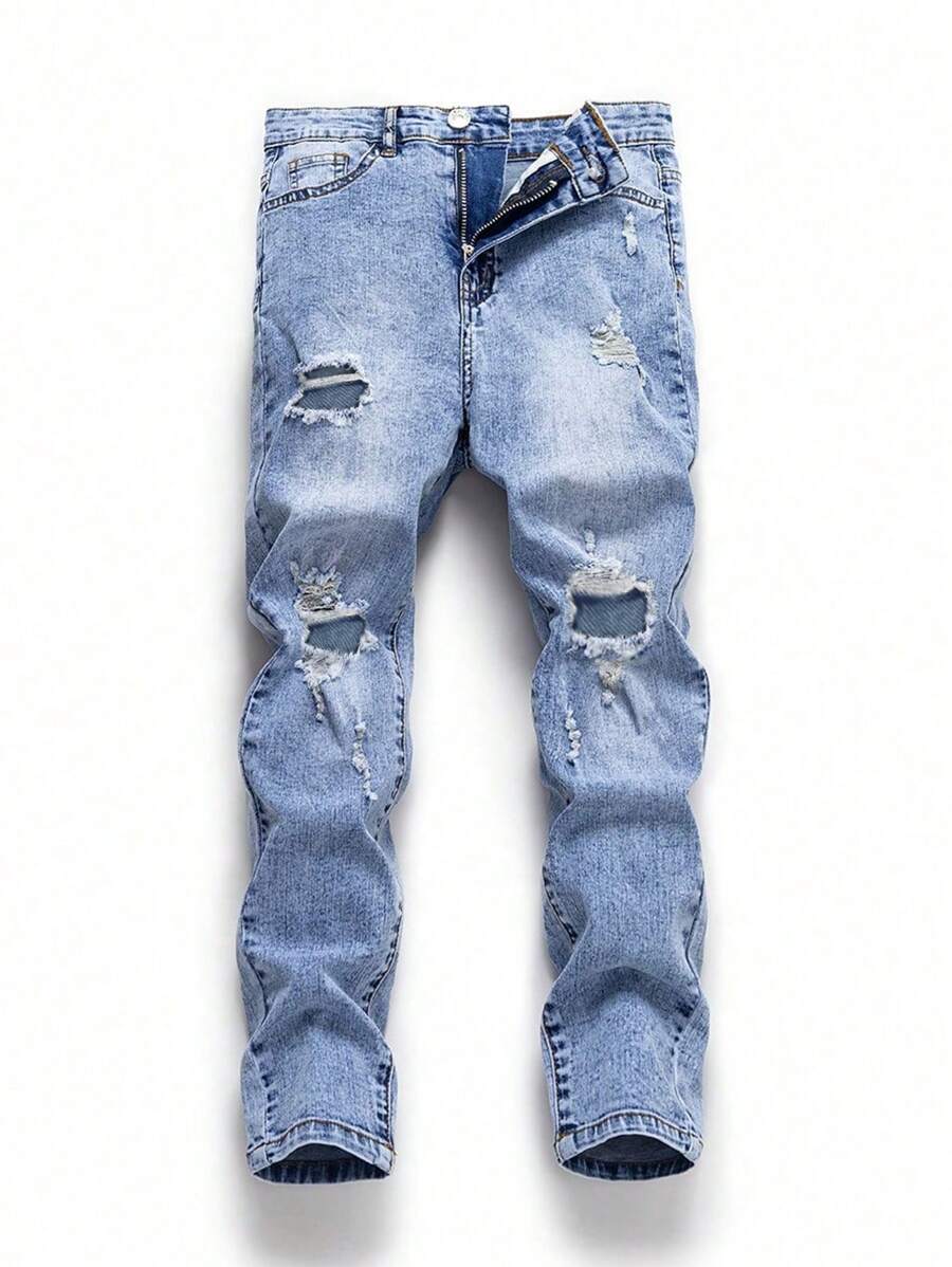 SHEIN Explorewe Quần Jeans Tween Boy Rách Sờn Bleach Wash - Rửa trung bình - Xem 1