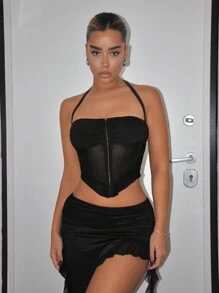 SHEIN ICON Mesh Tight Camisole Top With Front Buckle Detail And Back Crisscross Straps - Black - View 4