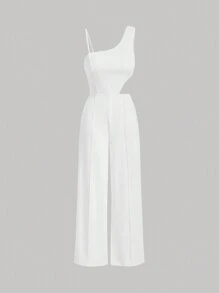 SHEIN MOD 不對稱領腰部鏤空連身褲 - 白色 - 查看 1