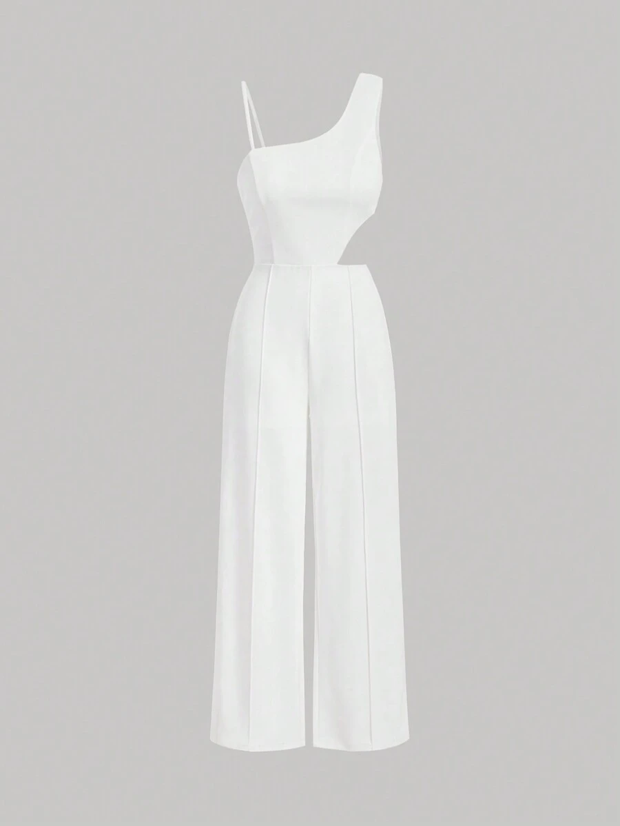 SHEIN MOD 不對稱領腰部鏤空連身褲 - 白色 - 查看 1