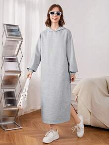 SHEIN 青少年女孩落肩袖下擺開叉連帽洋裝 - 灰色 - 查看 3