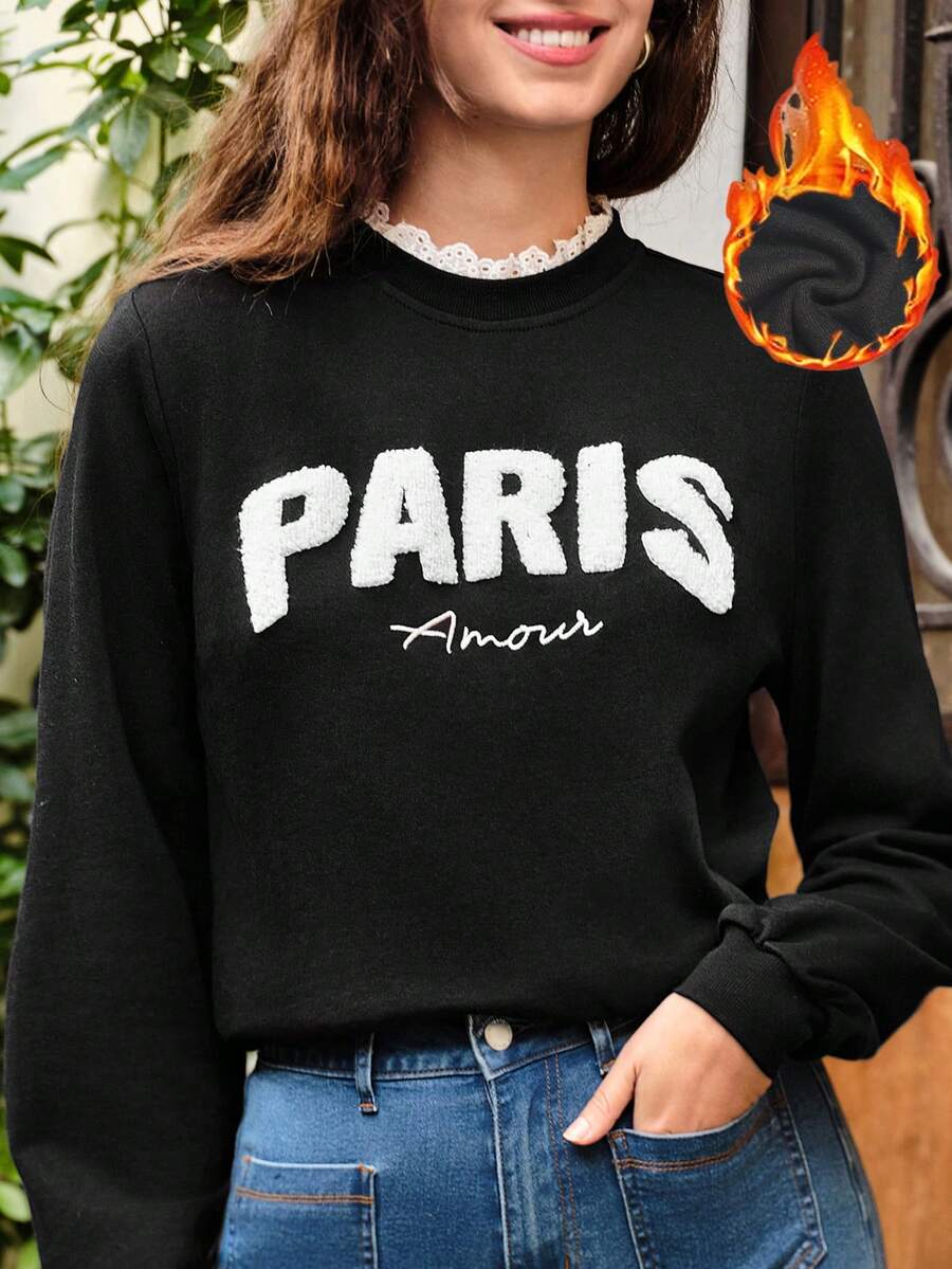 SHEIN Frenchy Lá thư Đổ xô Viền Lace tương phản Áo nỉ - màu đen - Xem 1