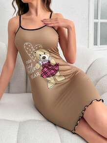 Bear & Letter Đồ họa Xà lách Trang trí Tương phản Ràng buộc Cami Pajama Váy ngủ - màu nâu - Xem 3