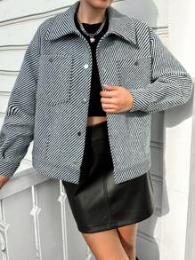 RueChic Women's Diagonal Stripe Collared Jacket - Black and White - View 5