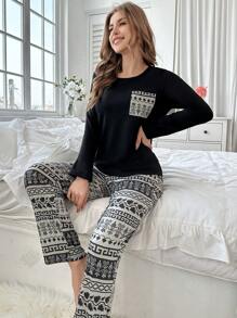 Geometric Long Sleeve Top & Pants Pajama Set, Fall Winter Clothes - Multicolor - View 1