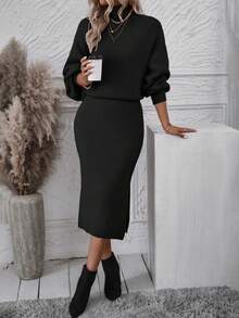 SHEIN Essnce 燈籠袖劈叉大腿毛衣連衣裙 - 黑色 - 查看 4