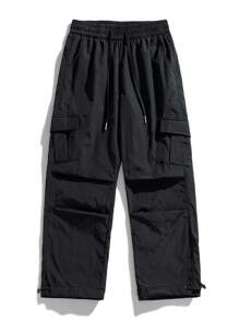 Men Flap Pocket Drawstring Waist Cargo Pants - Black - View 1