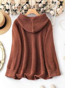 SHEIN LUNE Plus Raglan Sleeve Drawstring Hooded Sweater - Coffee Brown - View 2