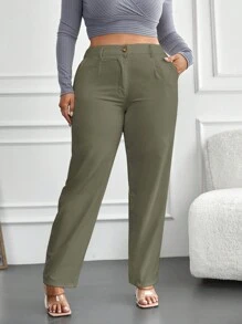 SHEIN Cottnline Plus High Waist Straight Leg Pants - Olive Green - View 1