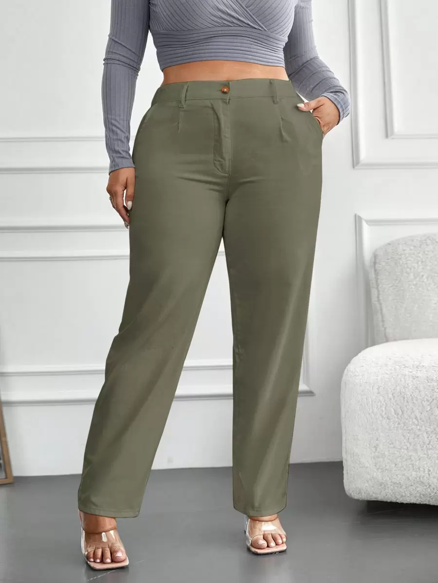 SHEIN Cottnline Plus High Waist Straight Leg Pants - Olive Green - View 1