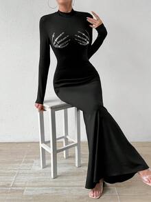 SHEIN Unity 水鑽骷髏手掌圖案小高領魚尾裙下擺洋裝 - 黑色 - 查看 5