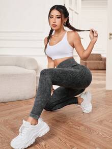 Yoga Trendy 女士綁染運動緊身褲 - 黑色 - 查看 5