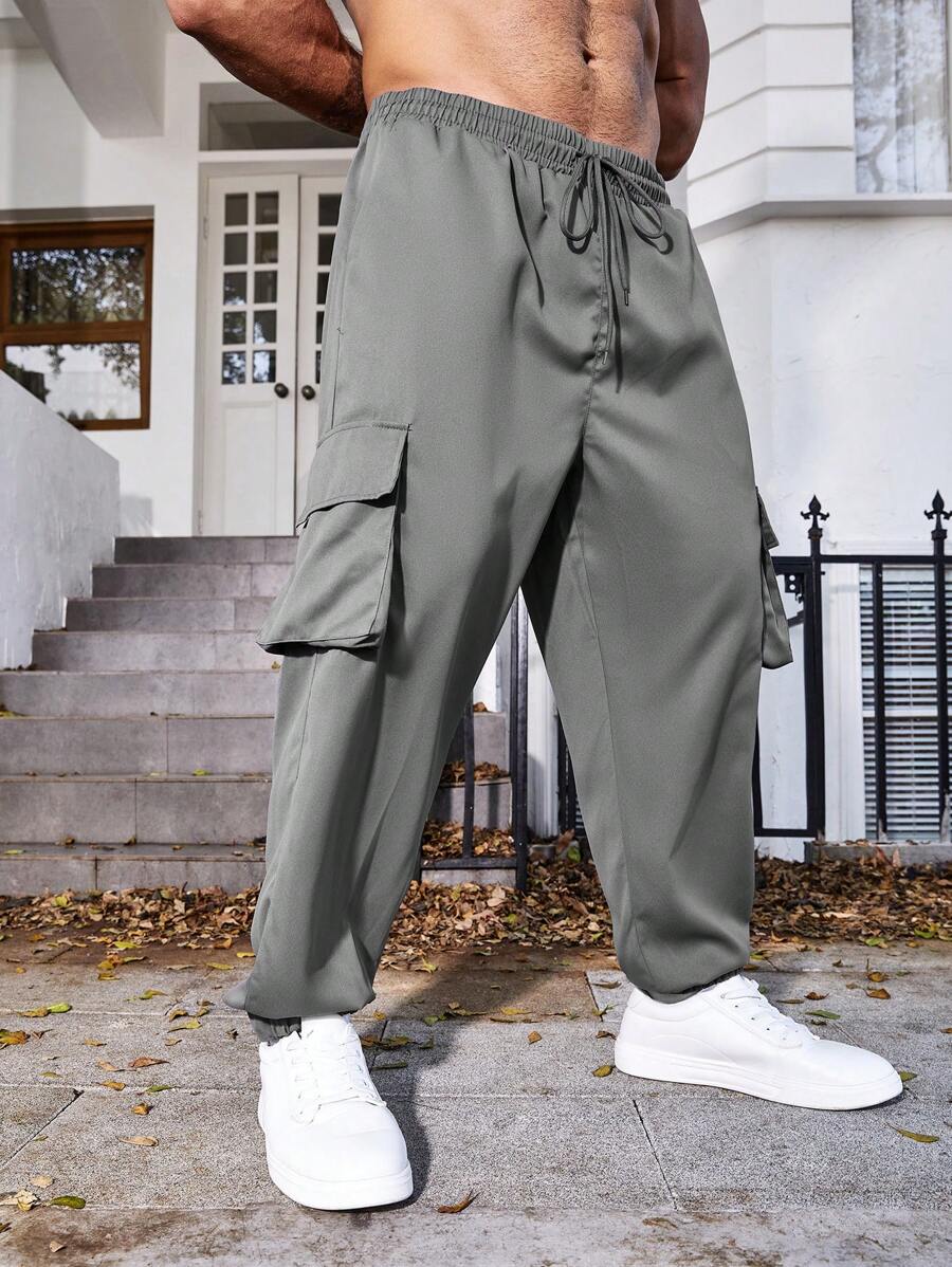 Manfinity Homme Men's Plus Size Drawstring Waist Cargo Pants With Pockets - Dark Grey - View 1