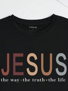 SHEIN 女式字母印花 T 恤耶稣之路真理生活图案 T 恤女式上衣 - 黑色 - 查看 3