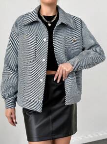 RueChic Women's Diagonal Stripe Collared Jacket - Black and White - View 4