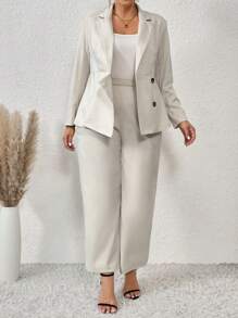 Flirla Plus Single Breasted Blazer & Wide Leg Pants - Beige - View 4