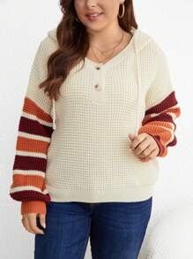 SHEIN LUNE Hơn Mẫu sọc Thả vai Dây rút áo có mũ Áo len - Nhiều màu - Xem 4