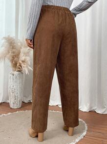 SHEIN LUNE Kích thước lớn Vải to sợi Quần Với Túi - Cà phê nâu - Xem 2