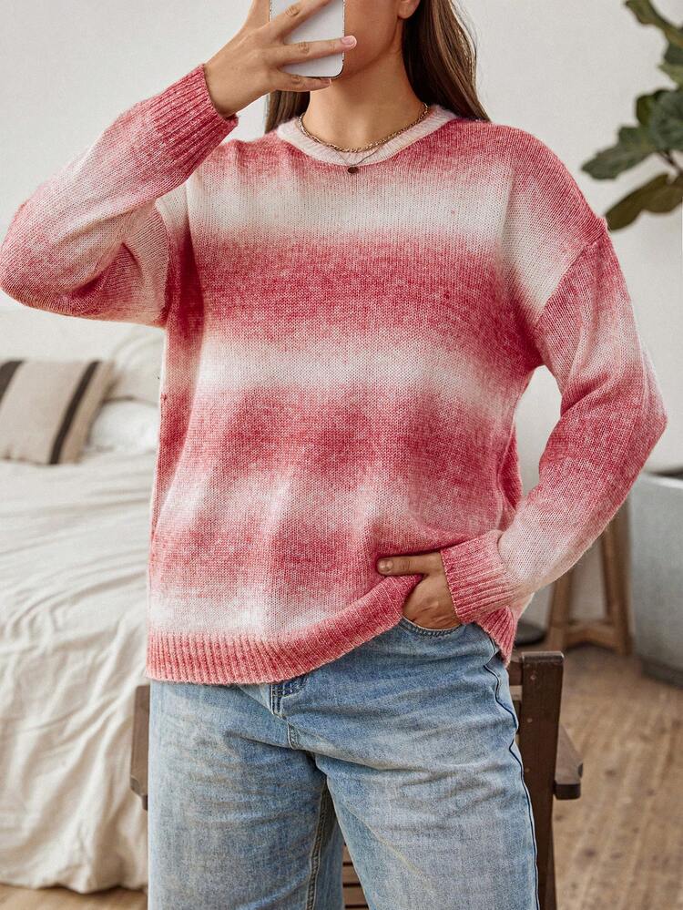 Plus Size Gradient Crew Neck Sweater Knit Pullover Fall Winter Sweater