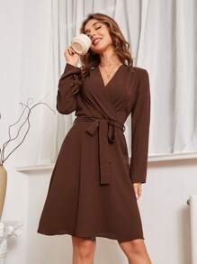 SHEIN Privé Solid Belted Wrap Dress - Coffee Brown - View 1