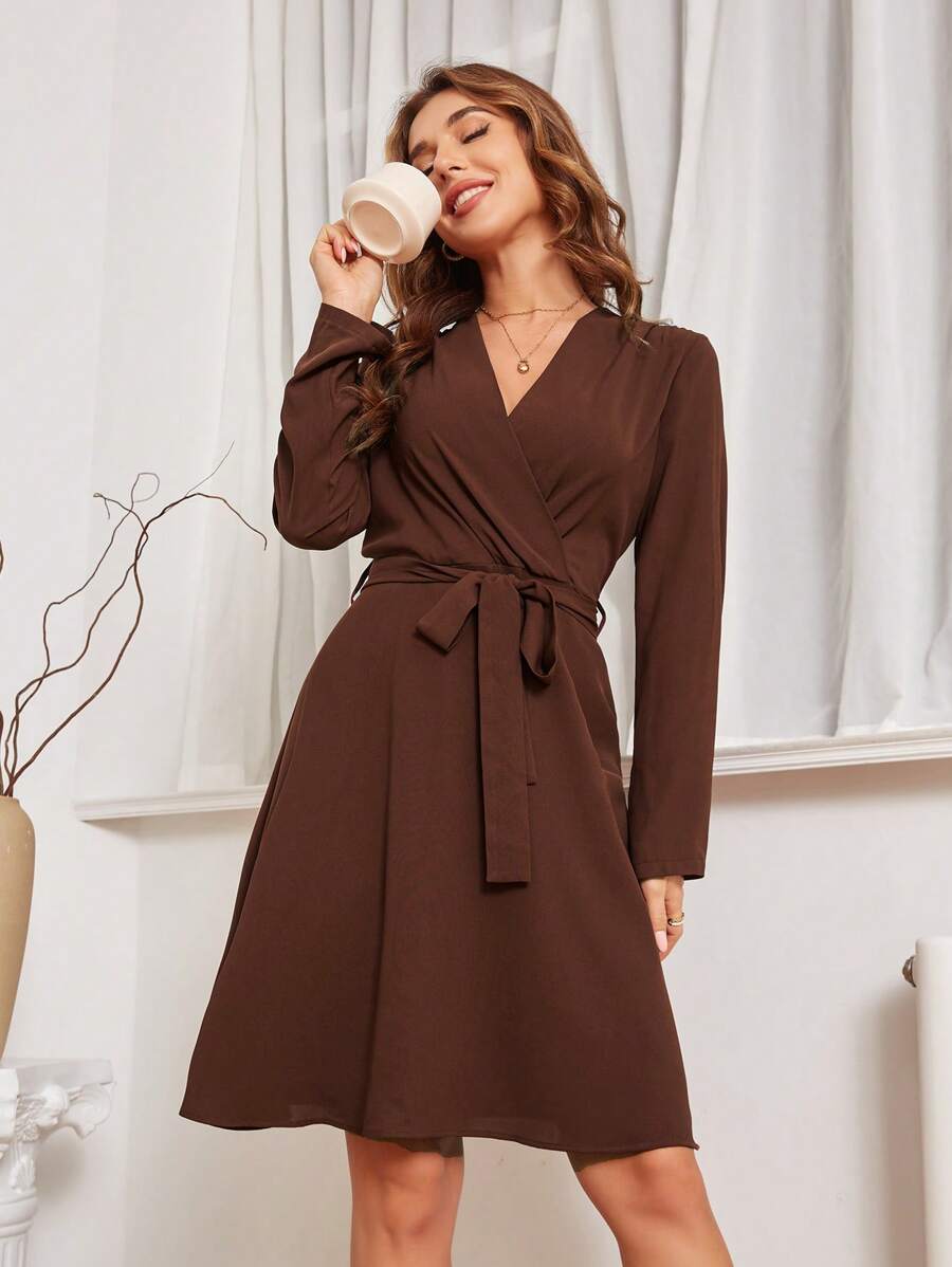 SHEIN Privé Solid Belted Wrap Dress - Coffee Brown - View 1