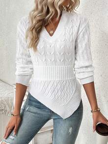SHEIN LUNE Áo len dệt kim xoắn viền bất đối xứng cổ chữ V - trắng - Xem 4