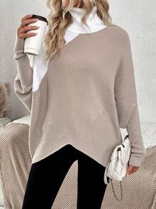 SHEIN LUNE Turtleneck Asymmetrical Hem Batwing Sleeve Sweater - Khaki - View 4