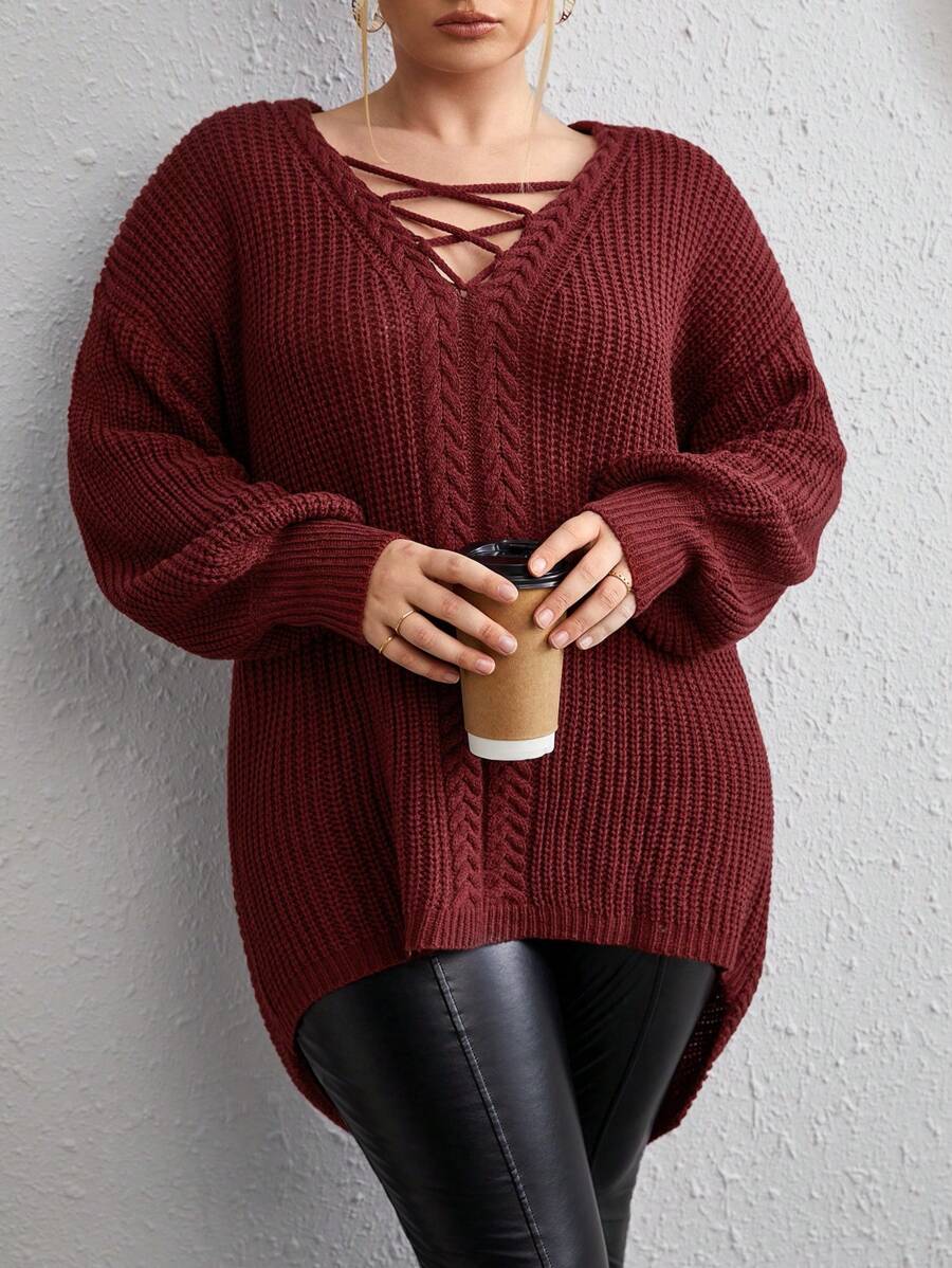 SHEIN LUNE Plus Crisscross Cable Knit Drop Shoulder Jumper - Burgundy - View 1