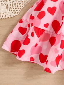 SHEIN Elladie kids Young Girl Summer Fashion Heart Allover Print Sleeveless Bow Ruffle Hem Casual Dress, Simple And Comfortable Summer Holiday - Red - View 3