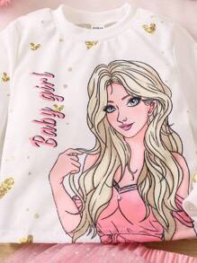 SHEIN Ensemble de 2 pièces sweat-shirt imprimé dessin animé adorable pour jeunes filles et jupe en filet à sequins