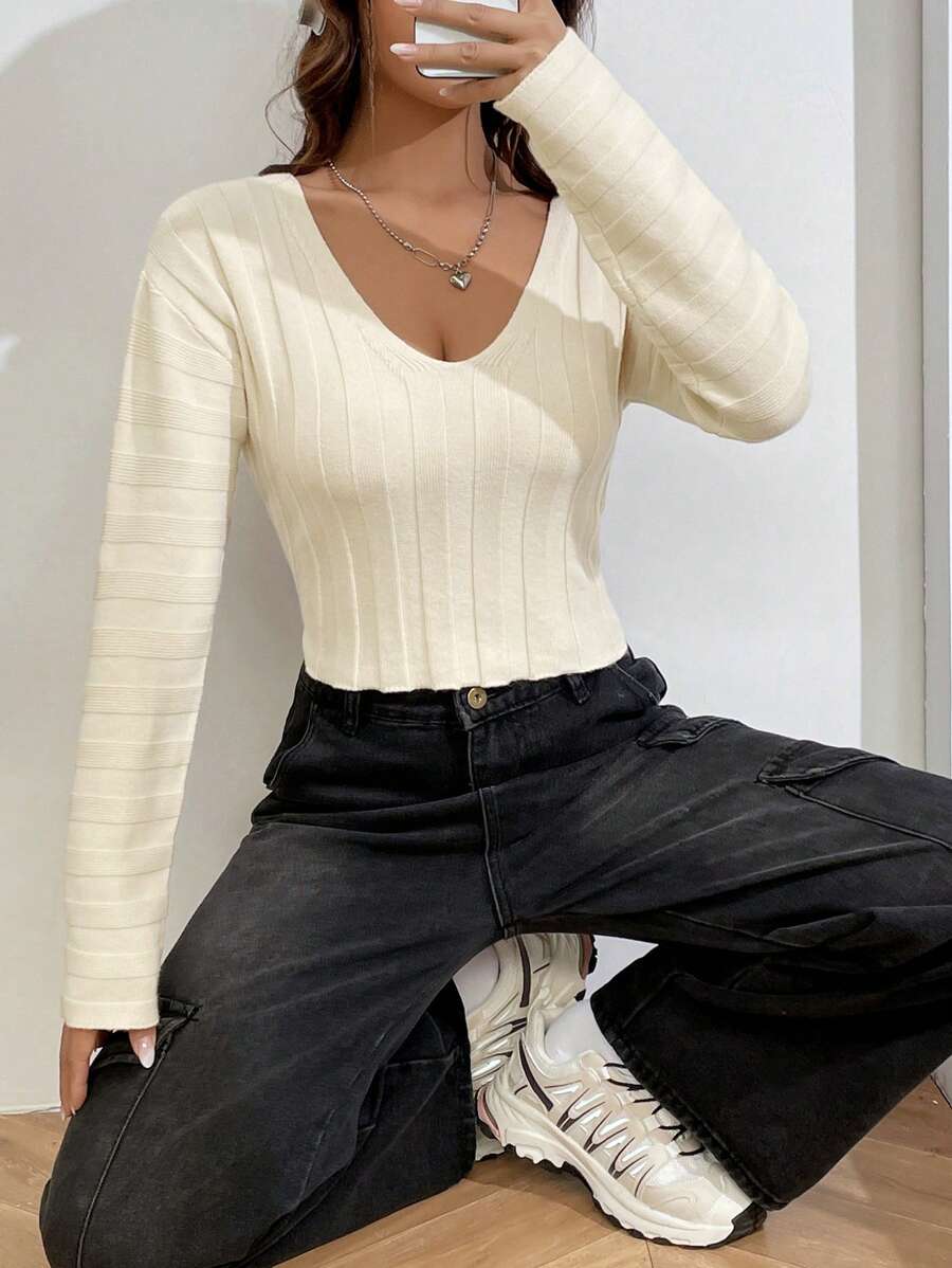 SHEIN EZwear Women's Round Neck Solid Color Drop Shoulder Sweater - Apricot - View 1