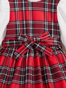 SHEIN 女童針織格紋圓領拼接彩色優雅泡泡袖貼身連衣裙 - 彩色 - 查看 3