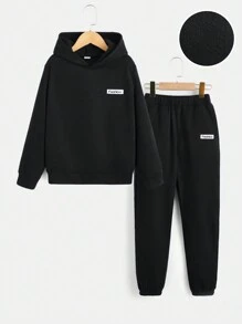 SHEIN 男大童字母貼布保暖連帽衫和運動褲 - 黑色 - 查看 1
