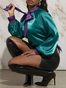 Slaydiva Tie Neck Lantern Sleeve Satin Blouse - Multicolor - View 5