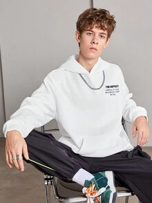 青少年男孩标语图案袋鼠口袋保暖卫衣 - 白色 - 查看 3