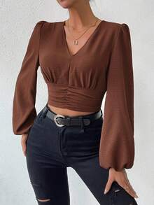 SHEIN Privé Tay áo lồng đèn Xù Áo sơ mi Crop - Rỉ Nâu - Xem 5