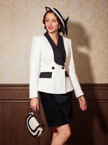 SHEIN DECDS 拼接領前紐扣西裝外套 - 黑色 - 查看 6