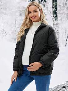 SHEIN Áo khoác chần bông đường may cho bà bầu, dành cho mùa đông - màu đen - Xem 3