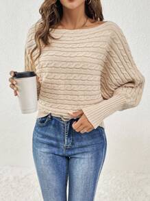 SHEIN Frenchy Pullover mit U-Boot Ausschnitt, Fledermausärmeln, Zopfstrick