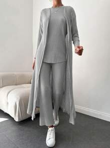 EURMUSE 3件套女士休闲纯色短袖上衣和长裤套装 - 淺灰色 - 查看 4