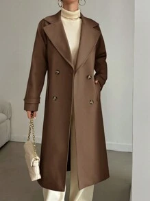 EURMUSE Ladies' Solid Color Double Breasted Woolen Coat With Lapel Collar - Brown - View 5