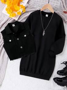 SHEIN Tween Girl Flap Pocket Vest Jacket & Solid Dress - Black - View 1