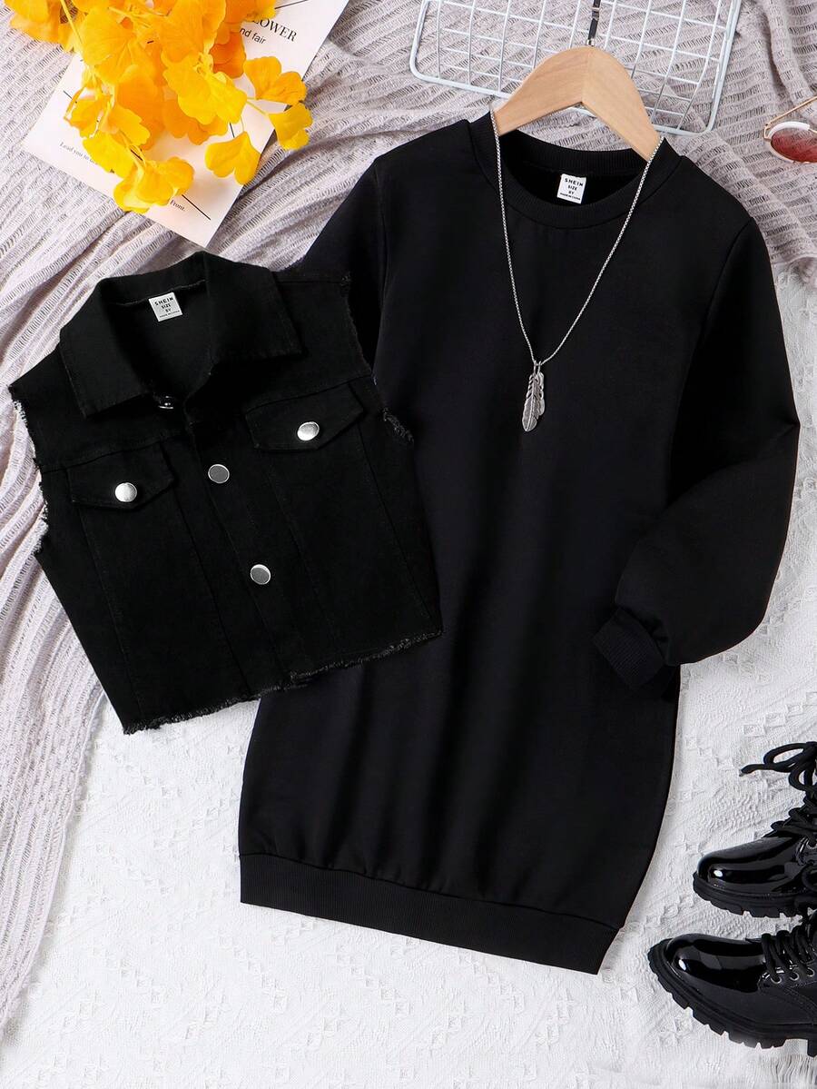 SHEIN Tween Girl Flap Pocket Vest Jacket & Solid Dress - Black - View 1
