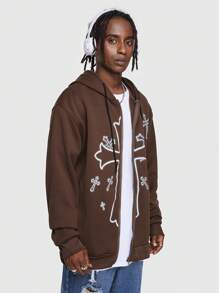 ROMWE MEN Grunge Punk 男士十字印花帽衫休閒運動衫 - 棕色 - 查看 3