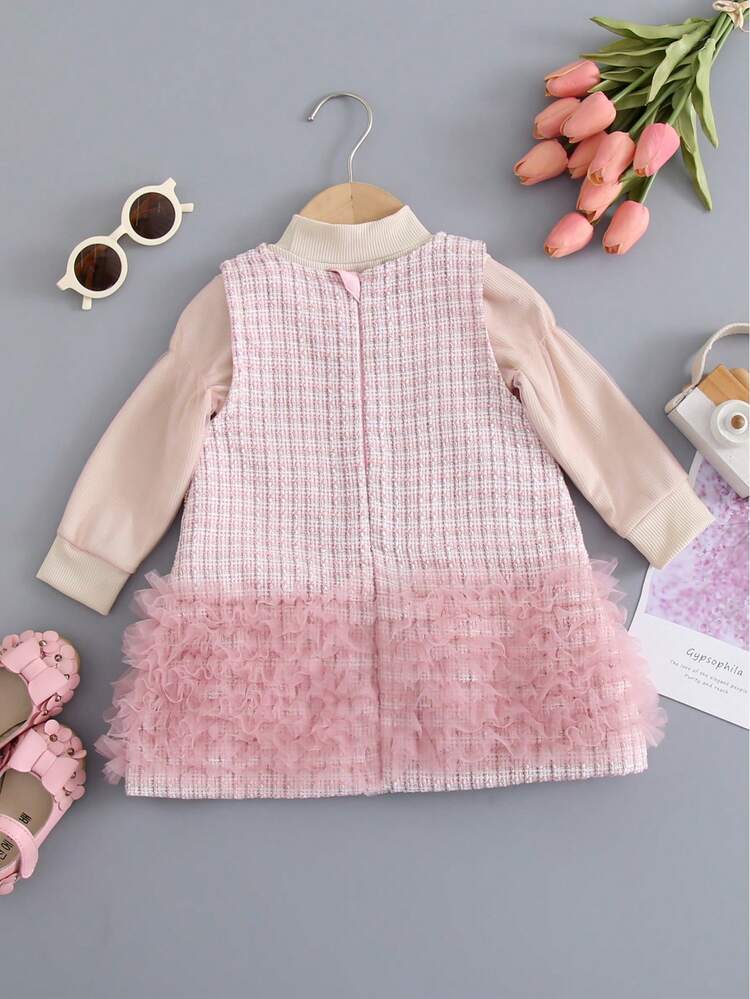 Baby Girl Mock Neck Tee & Plaid Mesh Ruffle Trim Dress