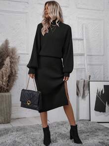 SHEIN Essnce 燈籠袖劈叉大腿毛衣連衣裙 - 黑色 - 查看 6